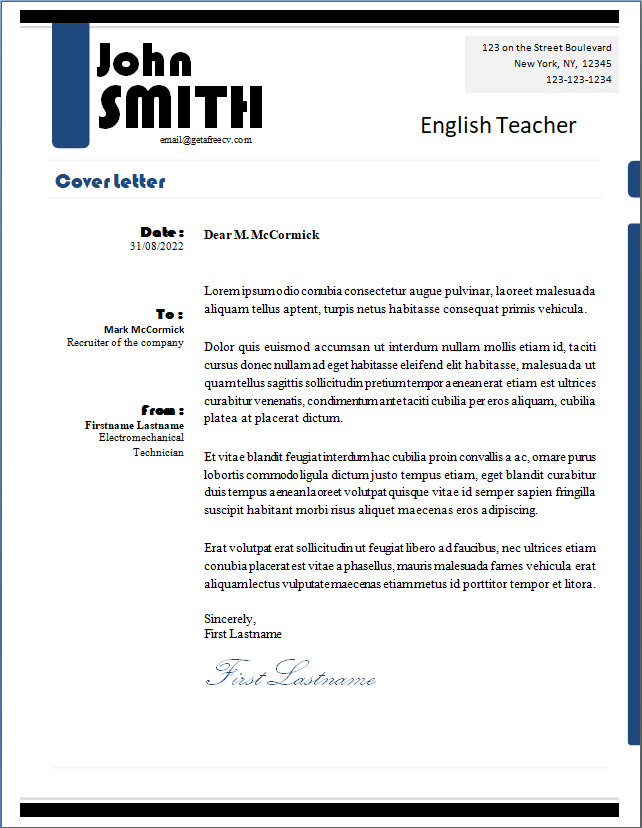 English teacher resume matching cover letter template in Word format