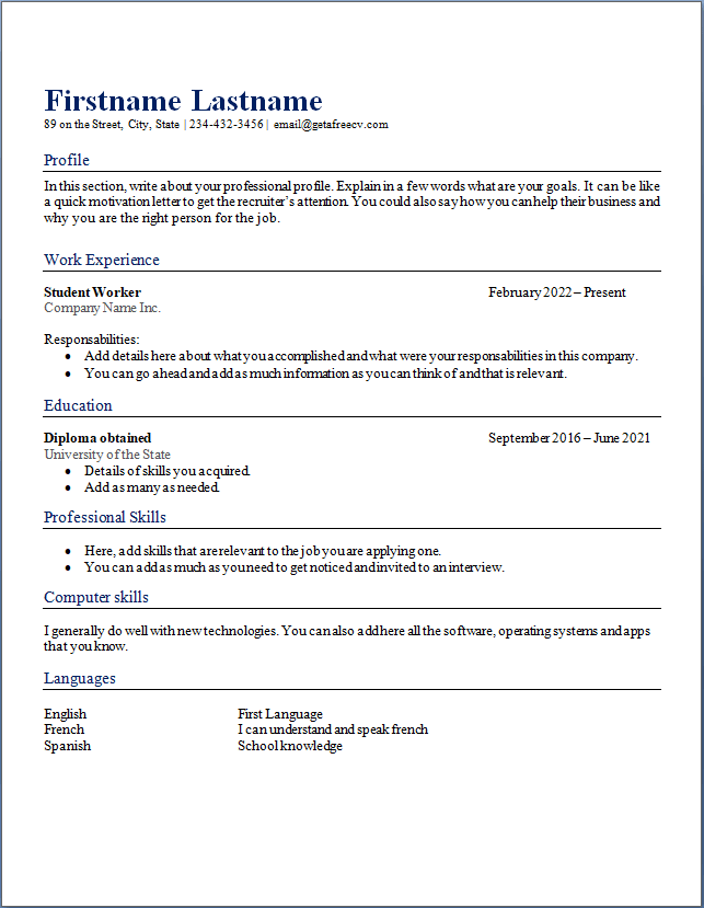 Post High School graduate fresher cv resume example and sample