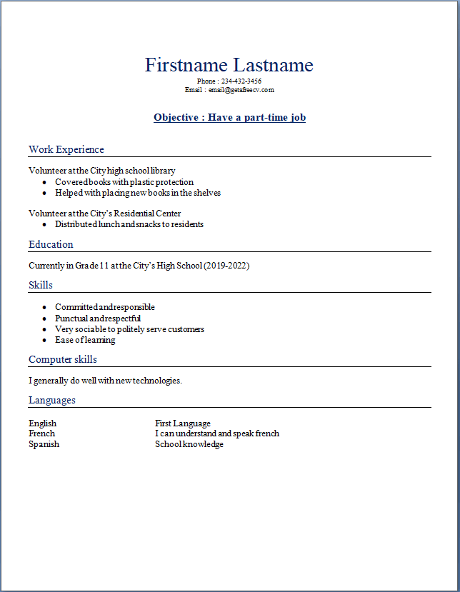 High school grade cv resume template for freshers