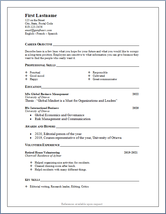 Resume sample for students with no work experience