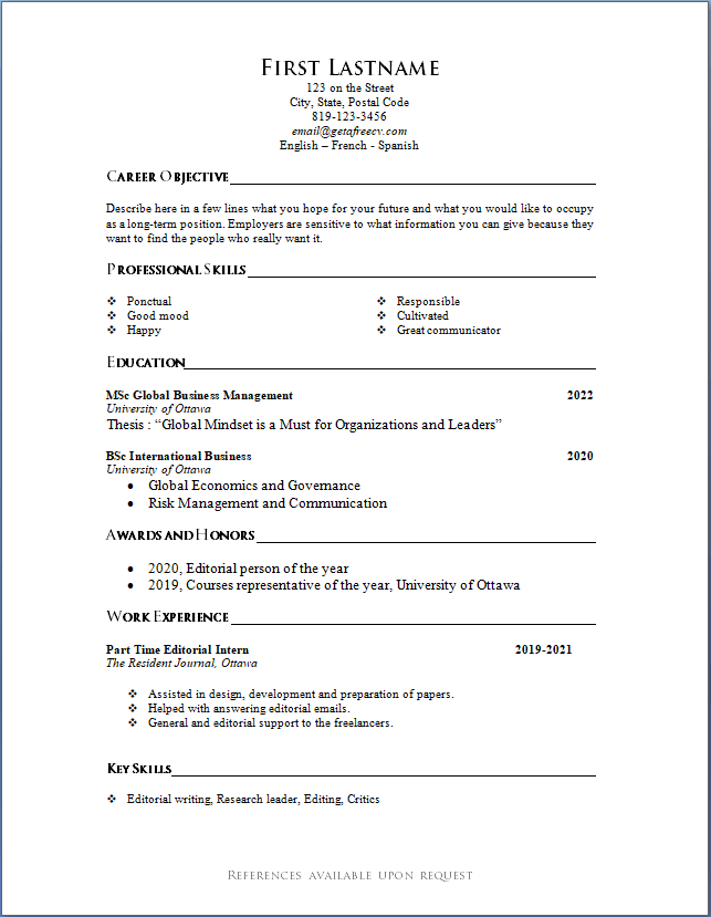 Resume example for University students